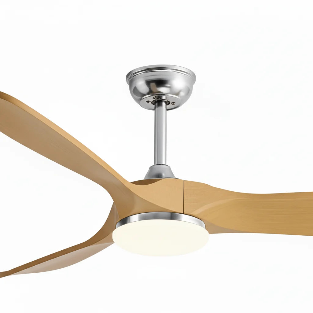 Ventilateur de plafond LED chromé et pales effet bois clair — Zinnia
