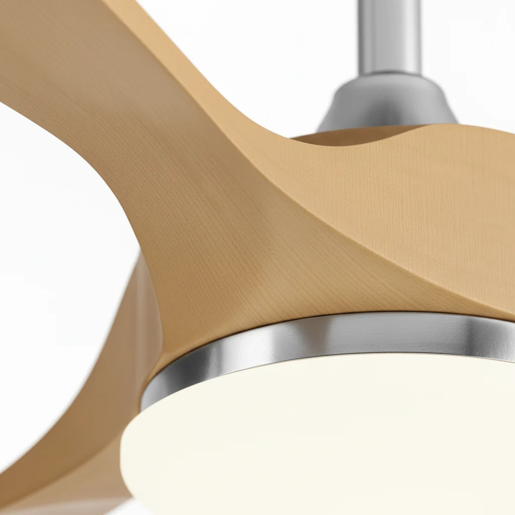 Ventilateur de plafond LED chromé et pales effet bois clair — Zinnia