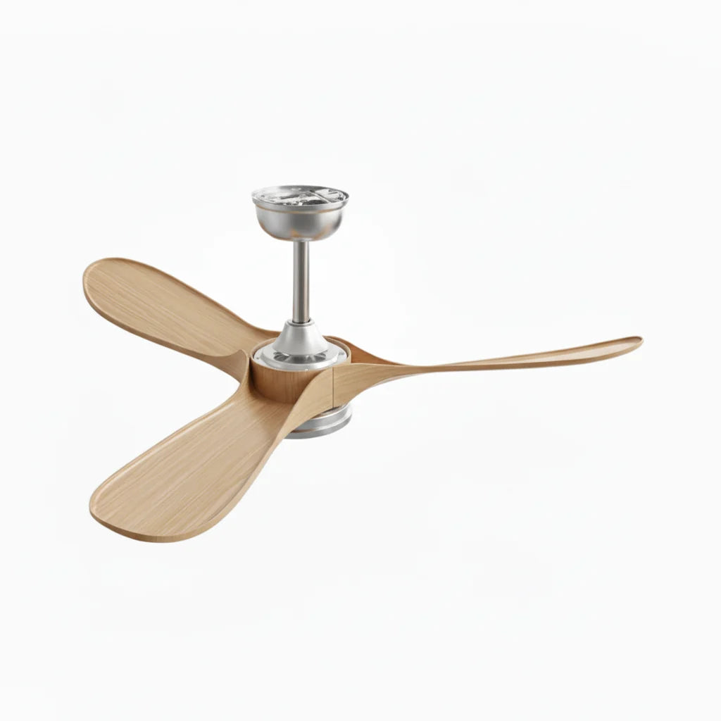 Ventilateur de plafond LED chromé et pales effet bois clair — Zinnia