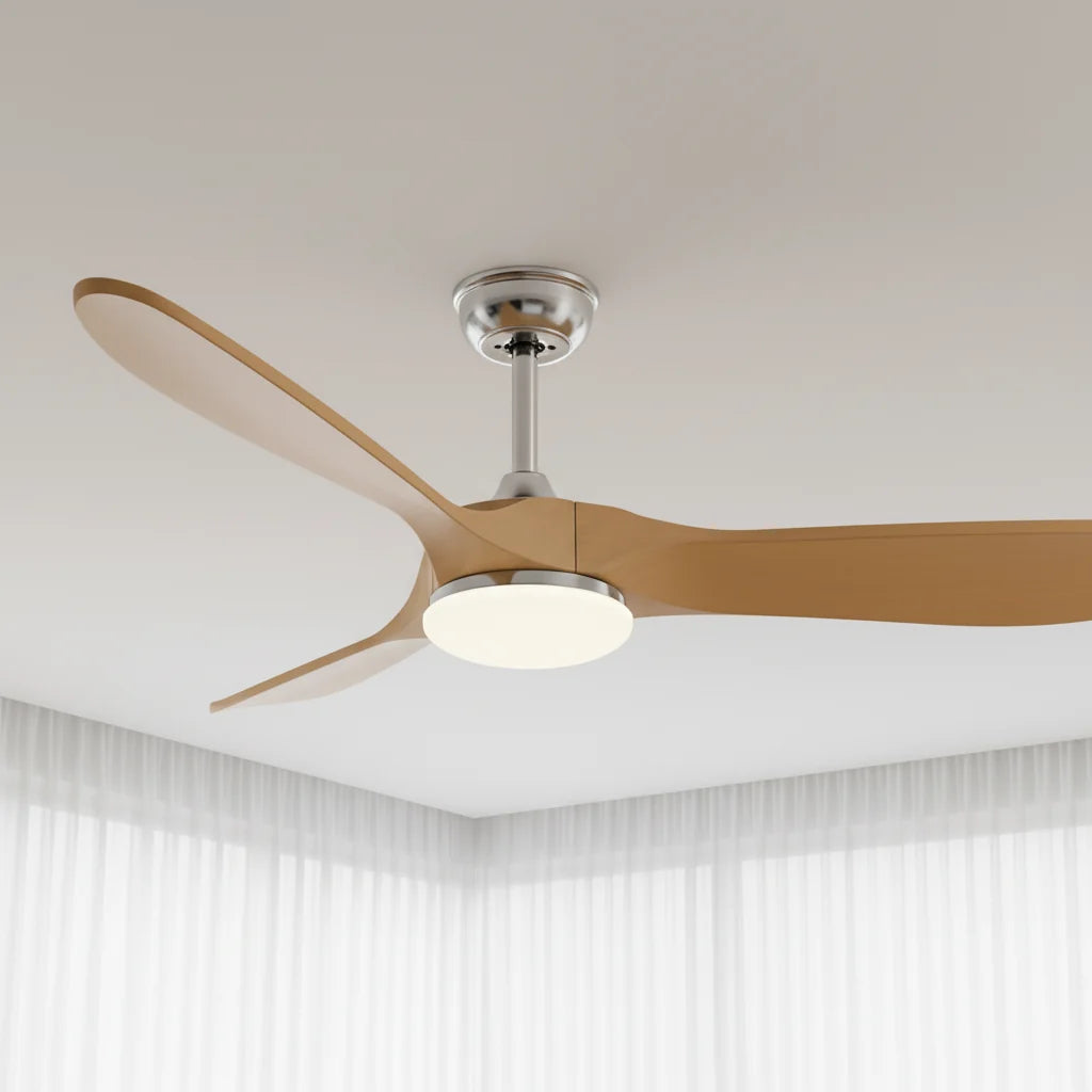 Ventilateur de plafond LED chromé et pales effet bois clair — Zinnia