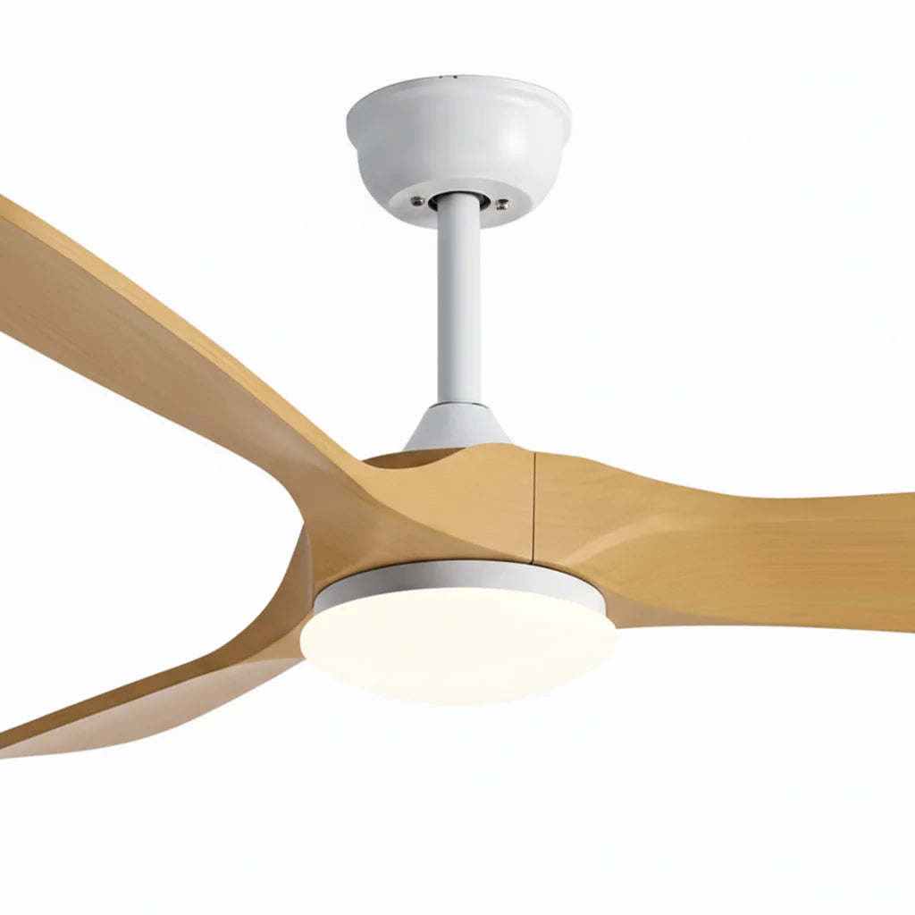 Ventilateur de plafond LED blanc à pales effet bois miel — Alaterne