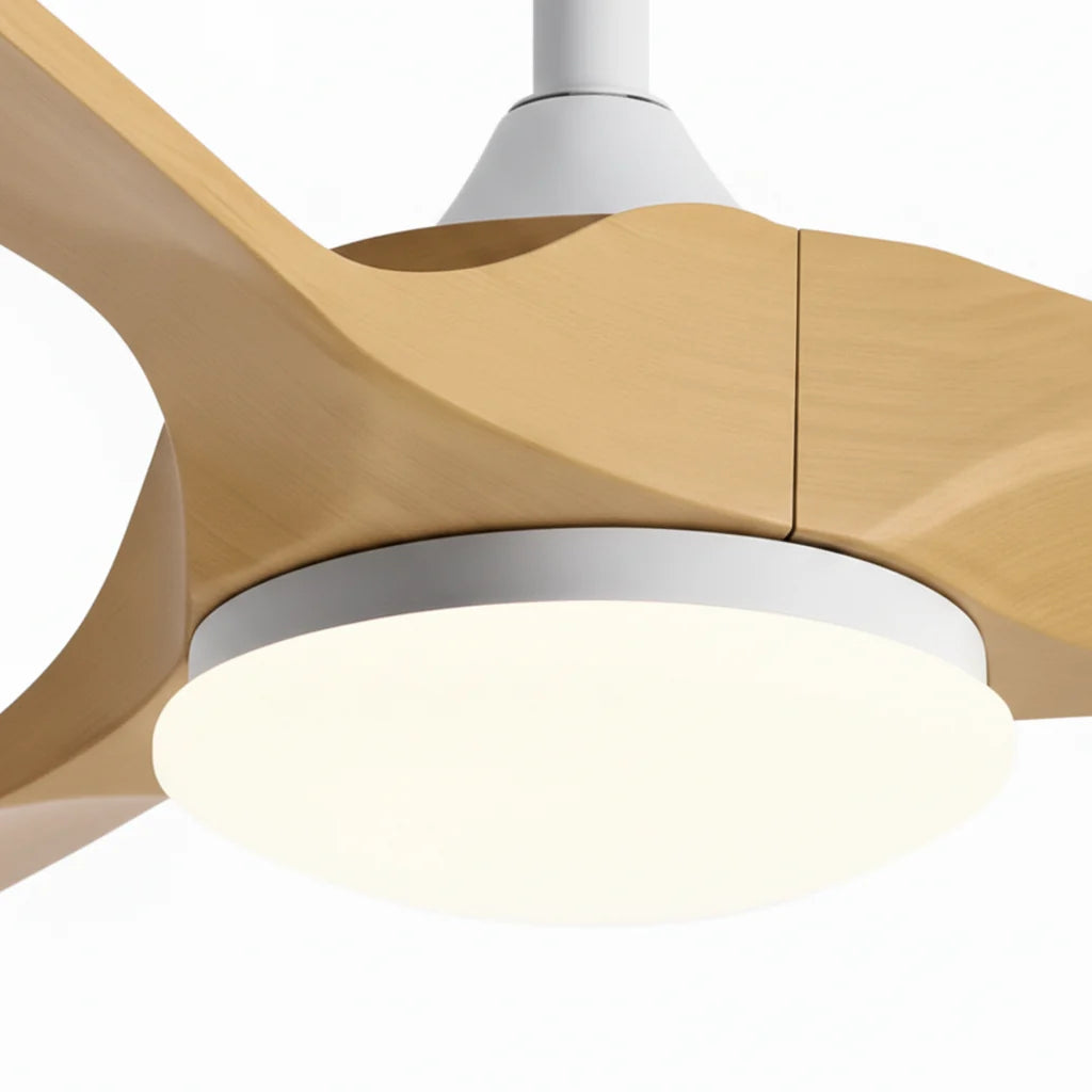 Ventilateur de plafond LED blanc à pales effet bois miel — Alaterne