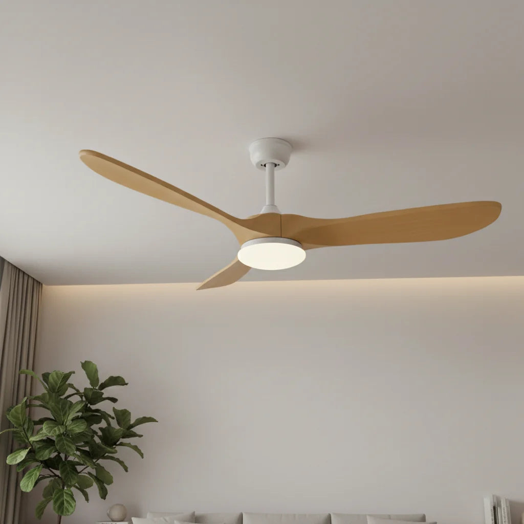 Ventilateur de plafond LED blanc à pales effet bois miel — Alaterne