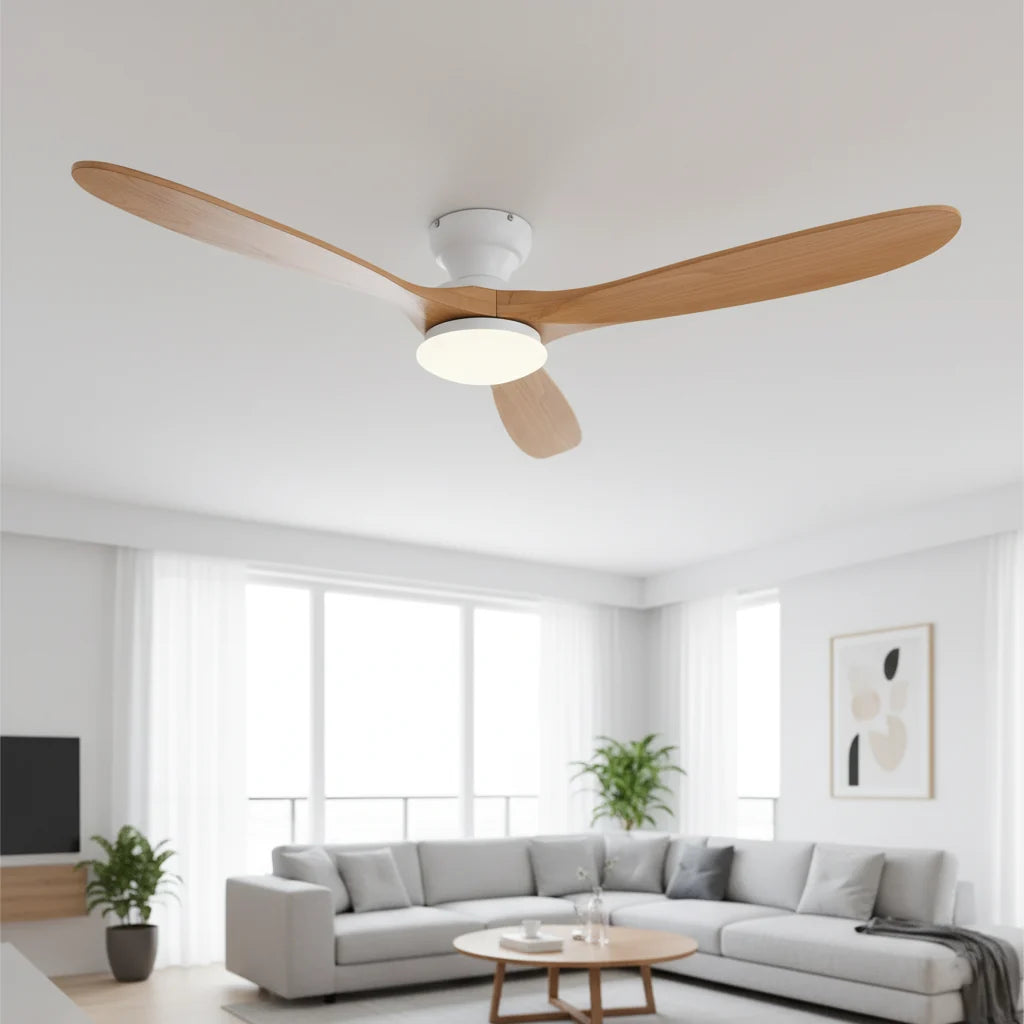 Ventilateur de plafond LED blanc à pales en bois naturel — Volubilis