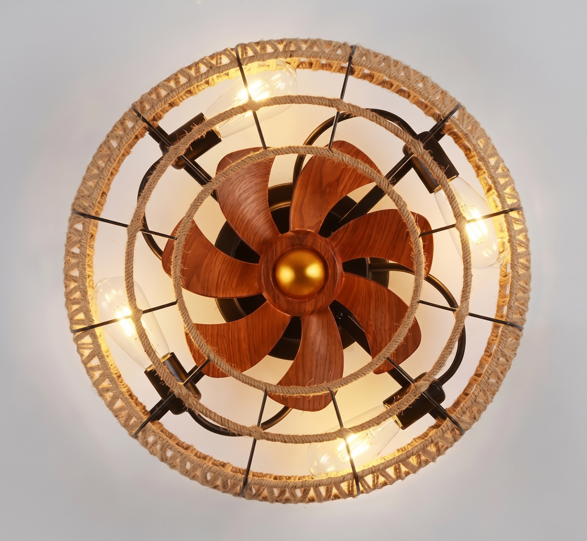 Ventilateur de plafond cage en rotin tressé et métal noir — Ambroisie