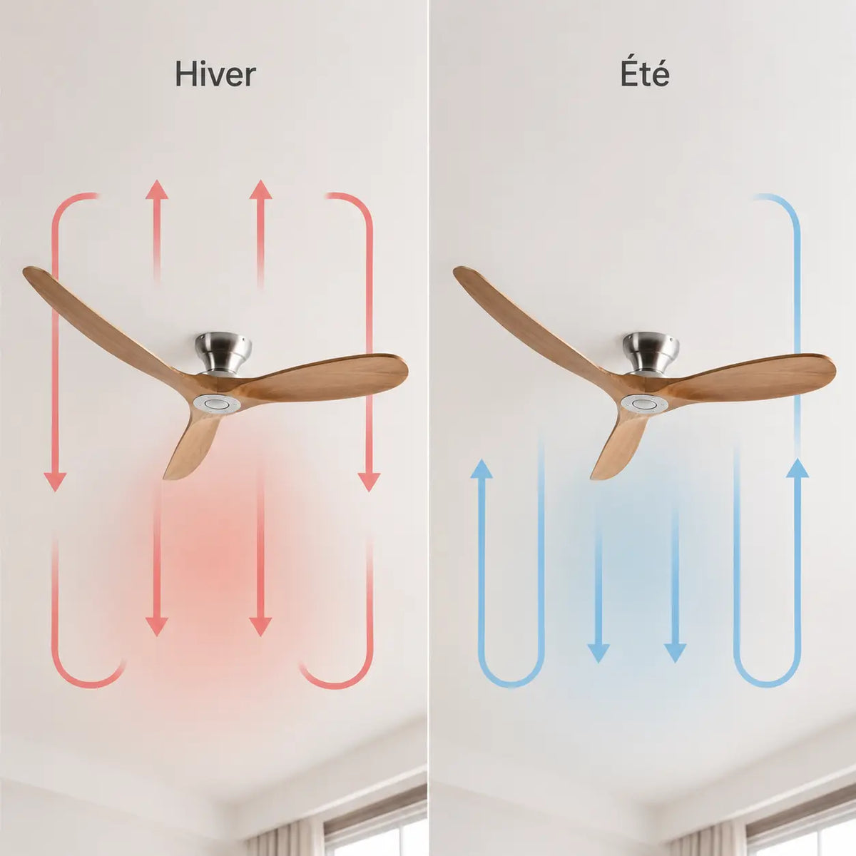 Ventilateur de plafond à pales en bois clair et moteur chromé — Cannage