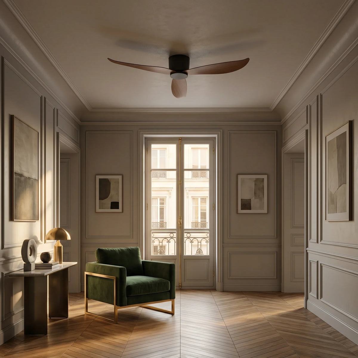 Ventilateur de plafond plat à trois pales blanches, sans lumière — Abricotier