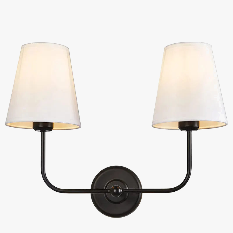 Applique double vintage antique à 2 lumières avec entonnoir évasé et abat-jour en tissu beige en lin