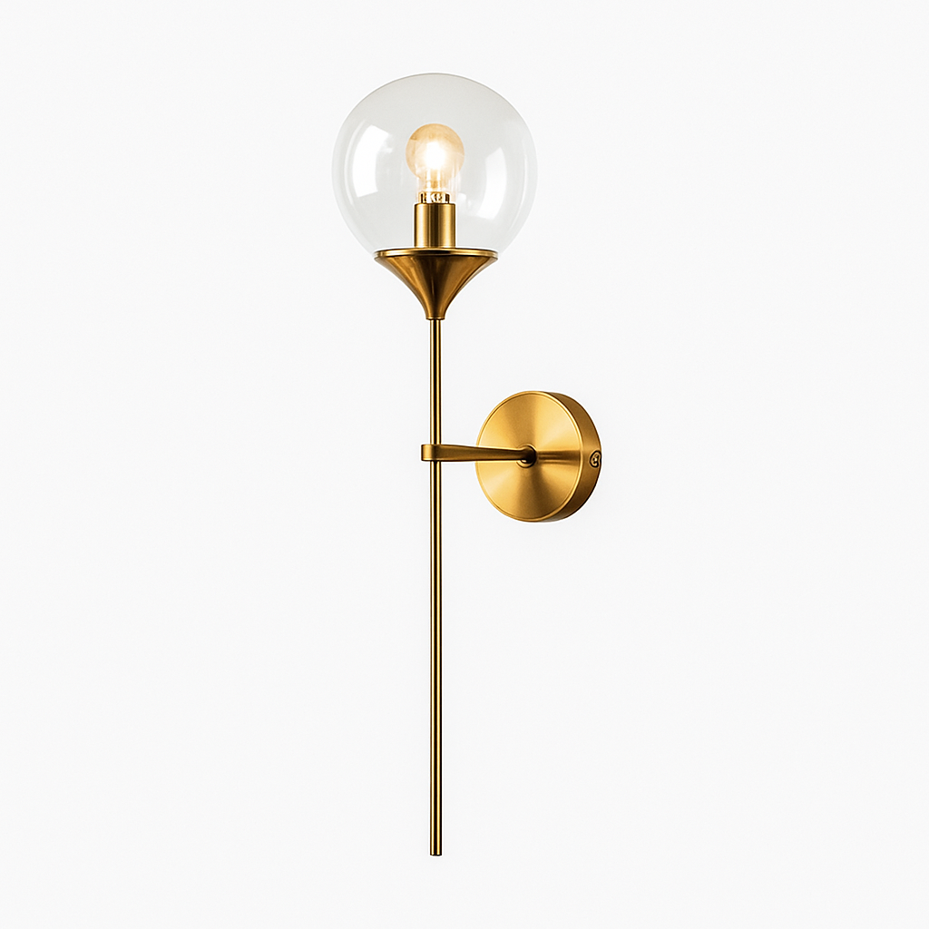 Applique murale design à LED avec bras doré et boule en verre