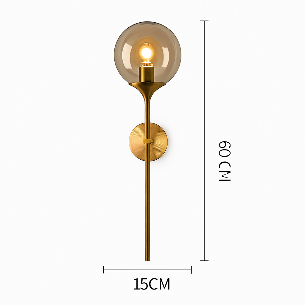 Applique murale design à LED avec bras doré et boule en verre