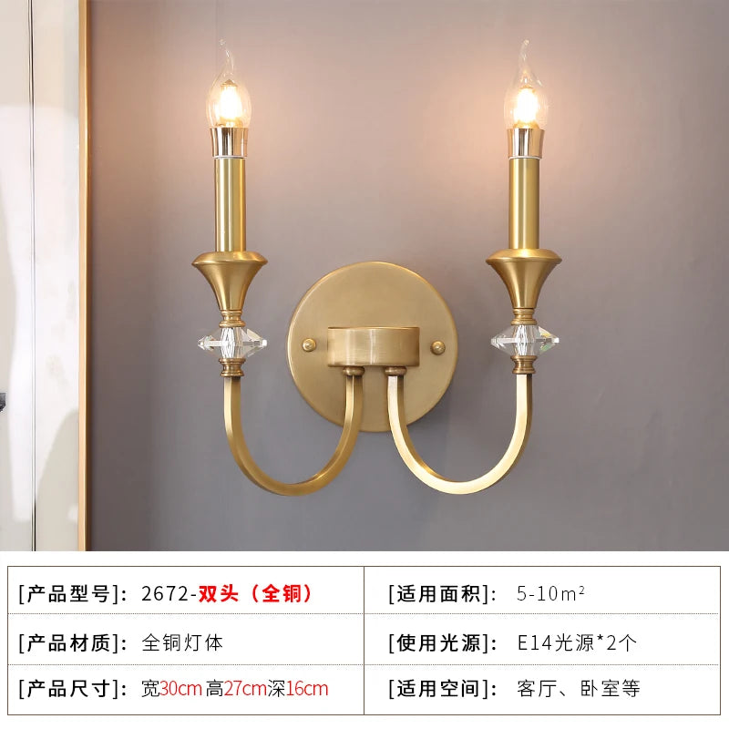 applique murale en cristal lampe à bougie led en cuivre à double tête
