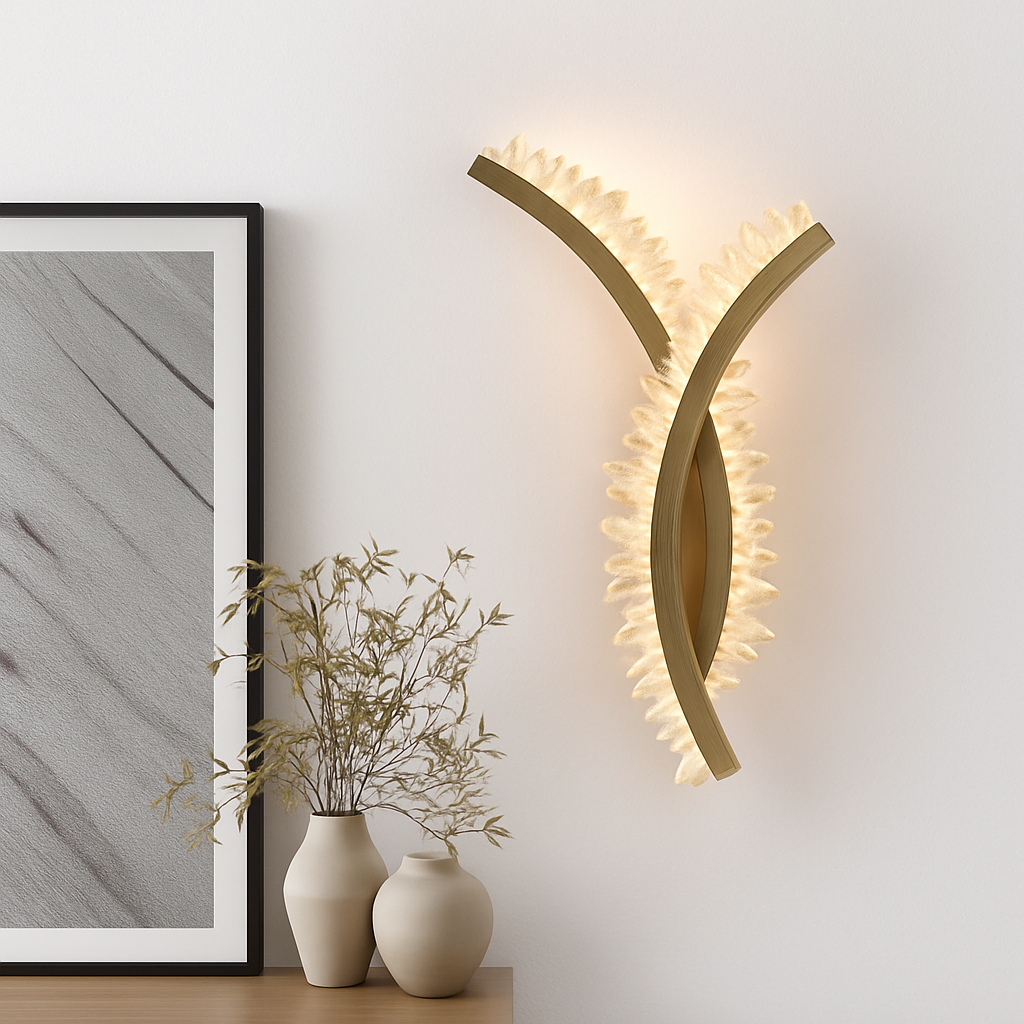 applique murale en cristal naturel et métal doré pour décoration d'ambiance