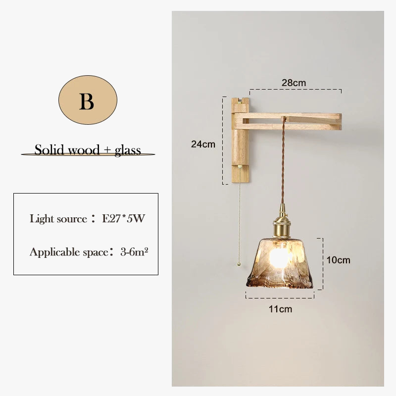 applique murale en verre bois et céramique lampe pliable à bras pivotant