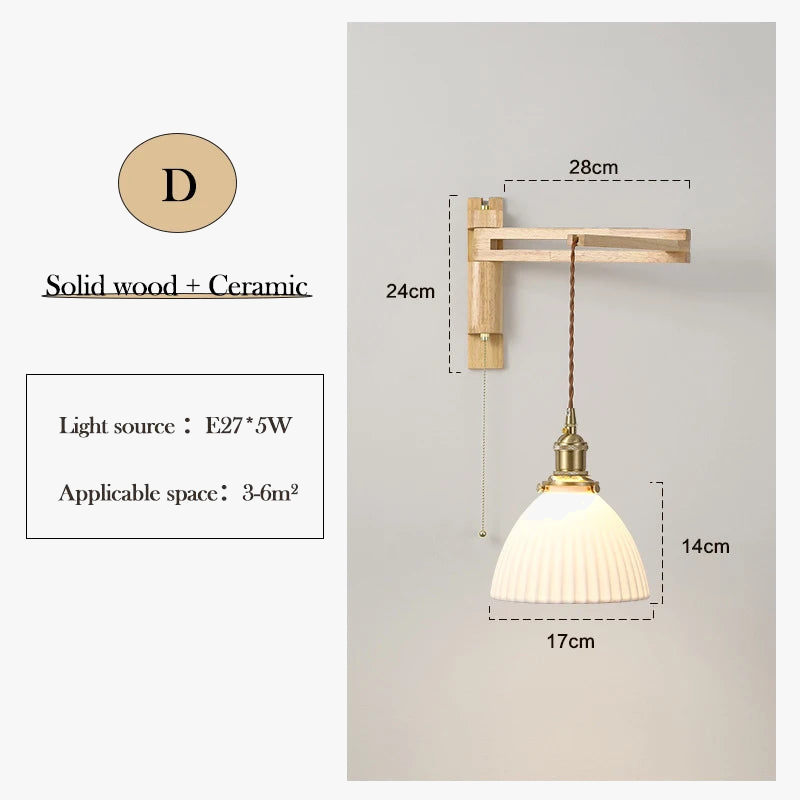 applique murale en verre bois et céramique lampe pliable à bras pivotant