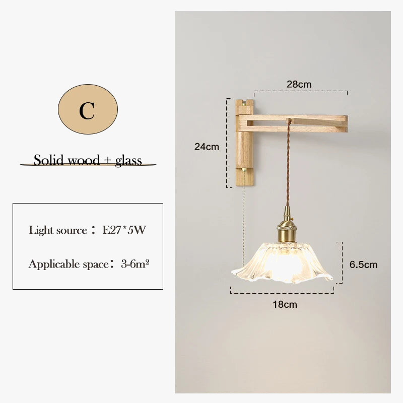 applique murale en verre bois et céramique lampe pliable à bras pivotant