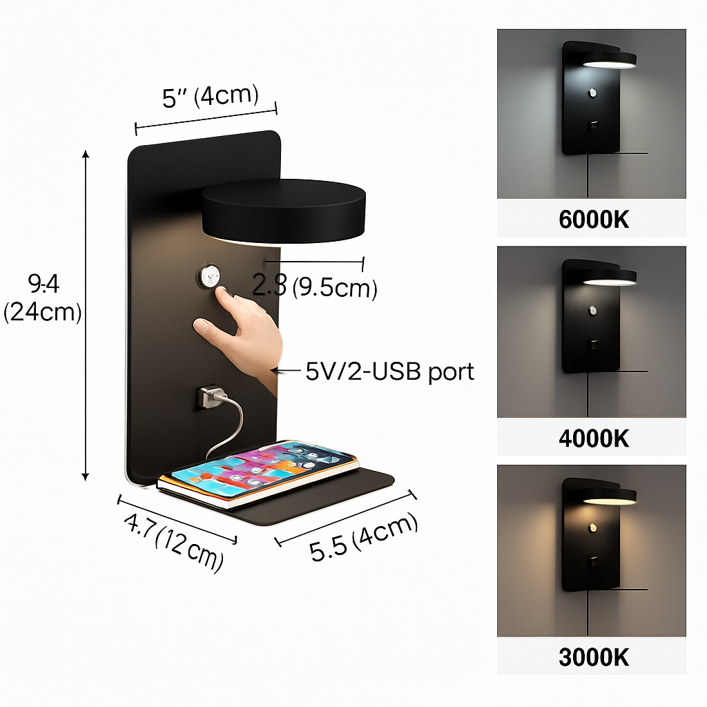 applique murale led avec chargeur usb et interrupteur décoratif