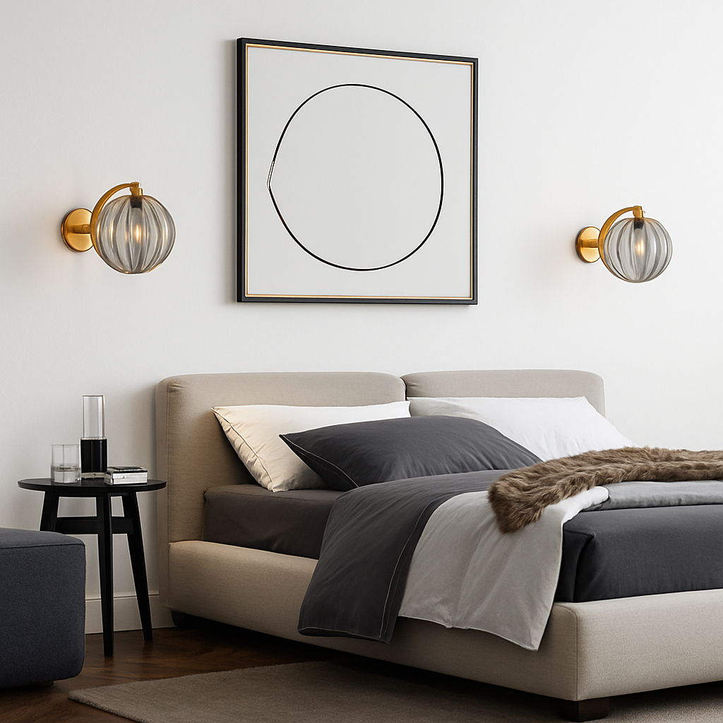 Applique murale LED avec tige dorée et boule en verre colorée
