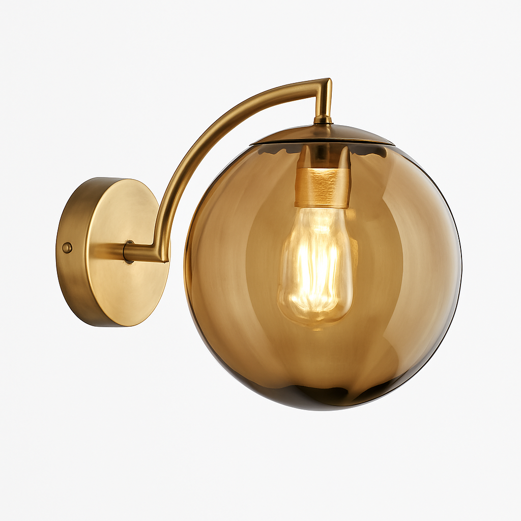 Applique murale LED avec tige dorée et boule en verre colorée