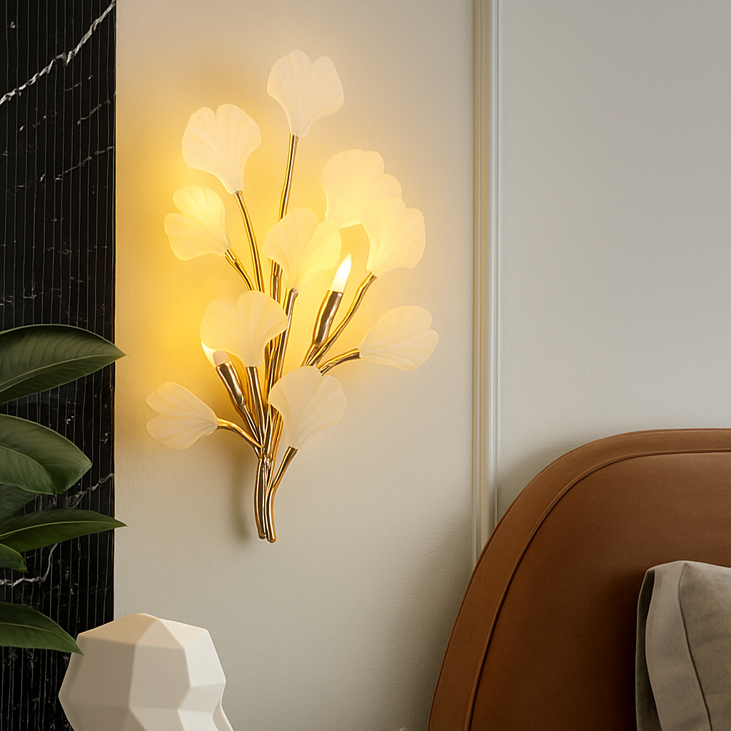 applique murale led en céramique avec motif de fleurs romantiques et feuilles