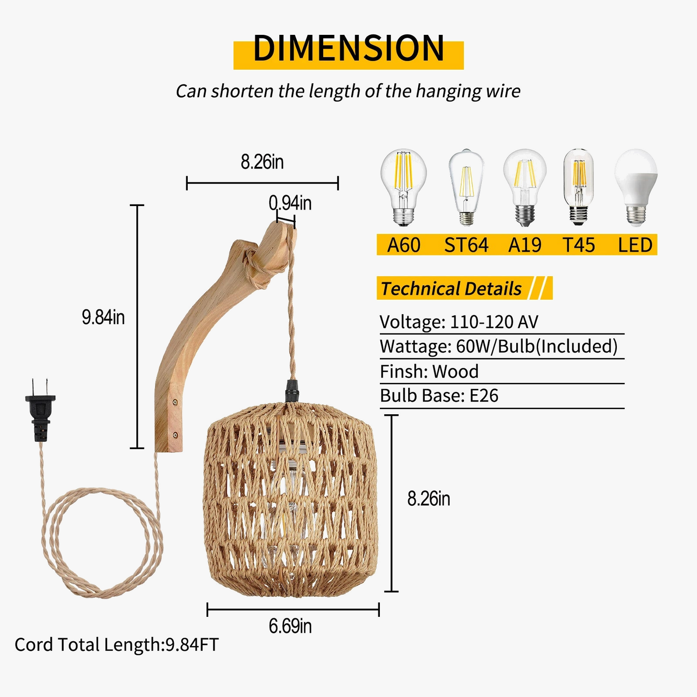 applique murale led en rotin tissée rétro avec corde de chanvre