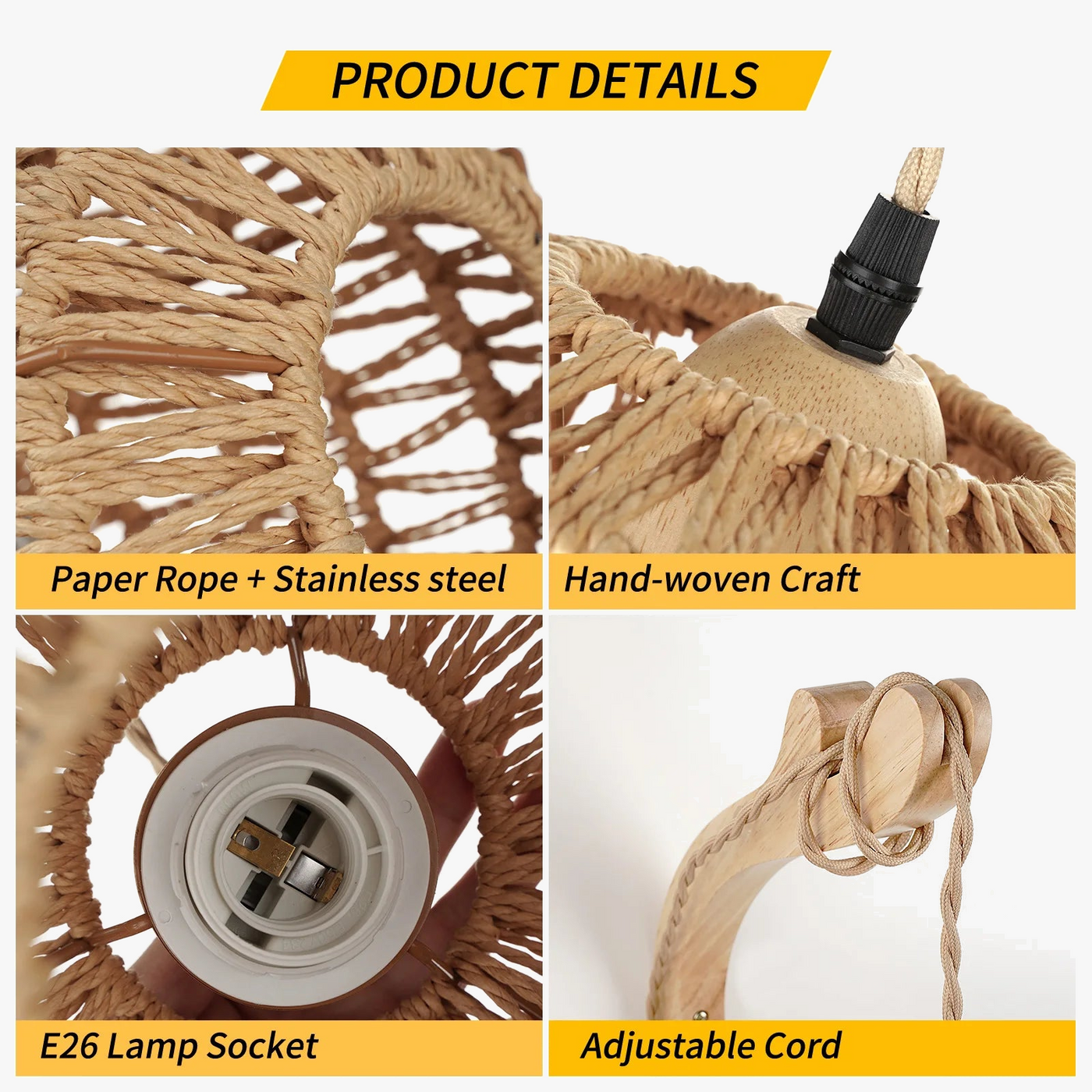 applique murale led en rotin tissée rétro avec corde de chanvre