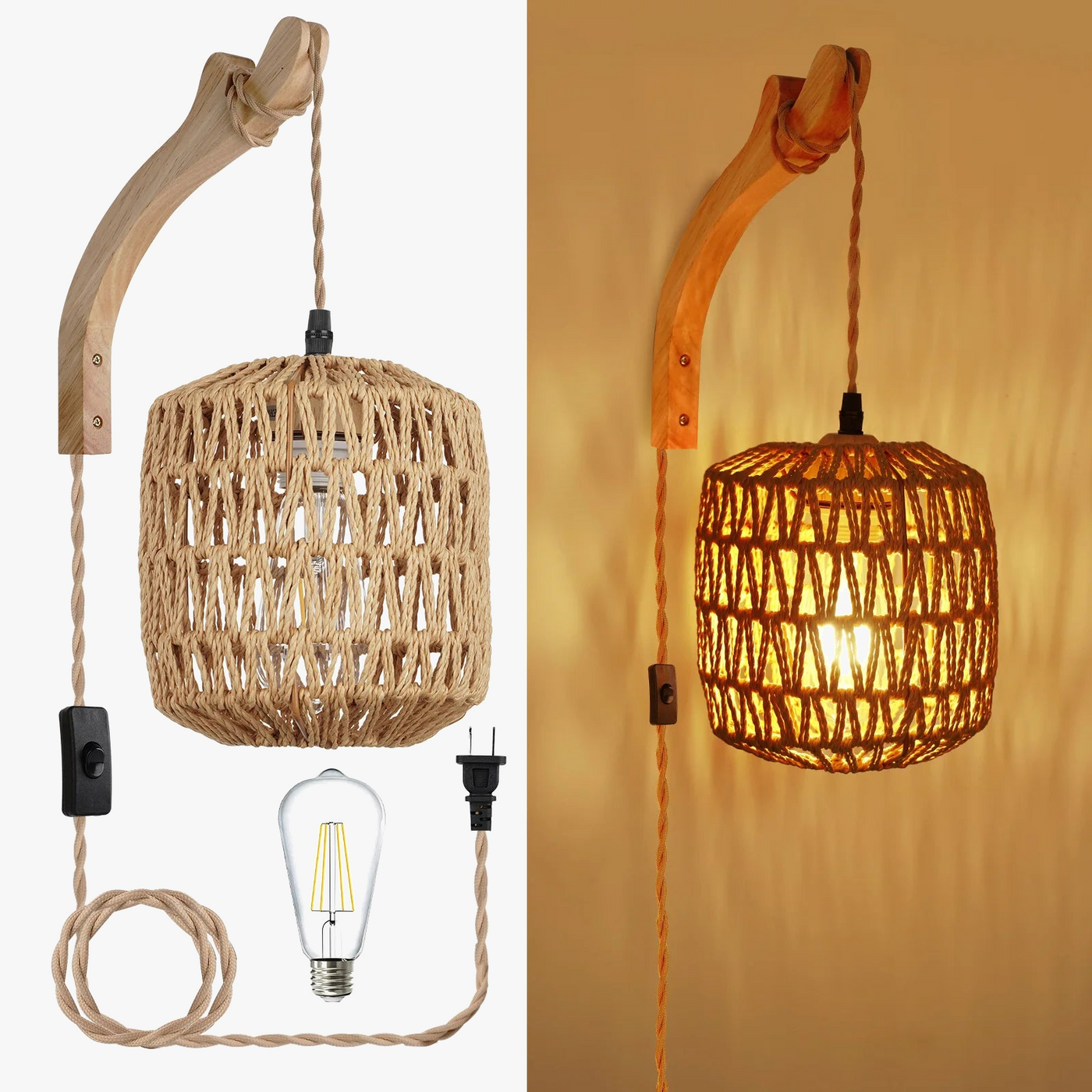 applique murale led en rotin tissée rétro avec corde de chanvre