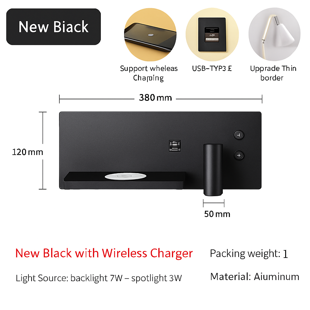 applique murale led moderne avec chargeur sans fil et rétro-éclairage usb