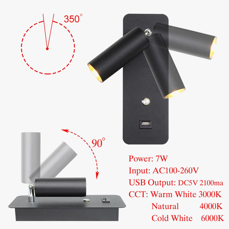 applique murale led moderne avec rotation et charge usb