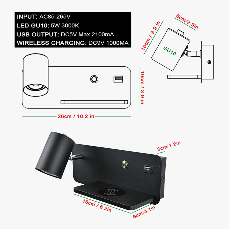 applique murale led moderne avec usb et chargement sans fil