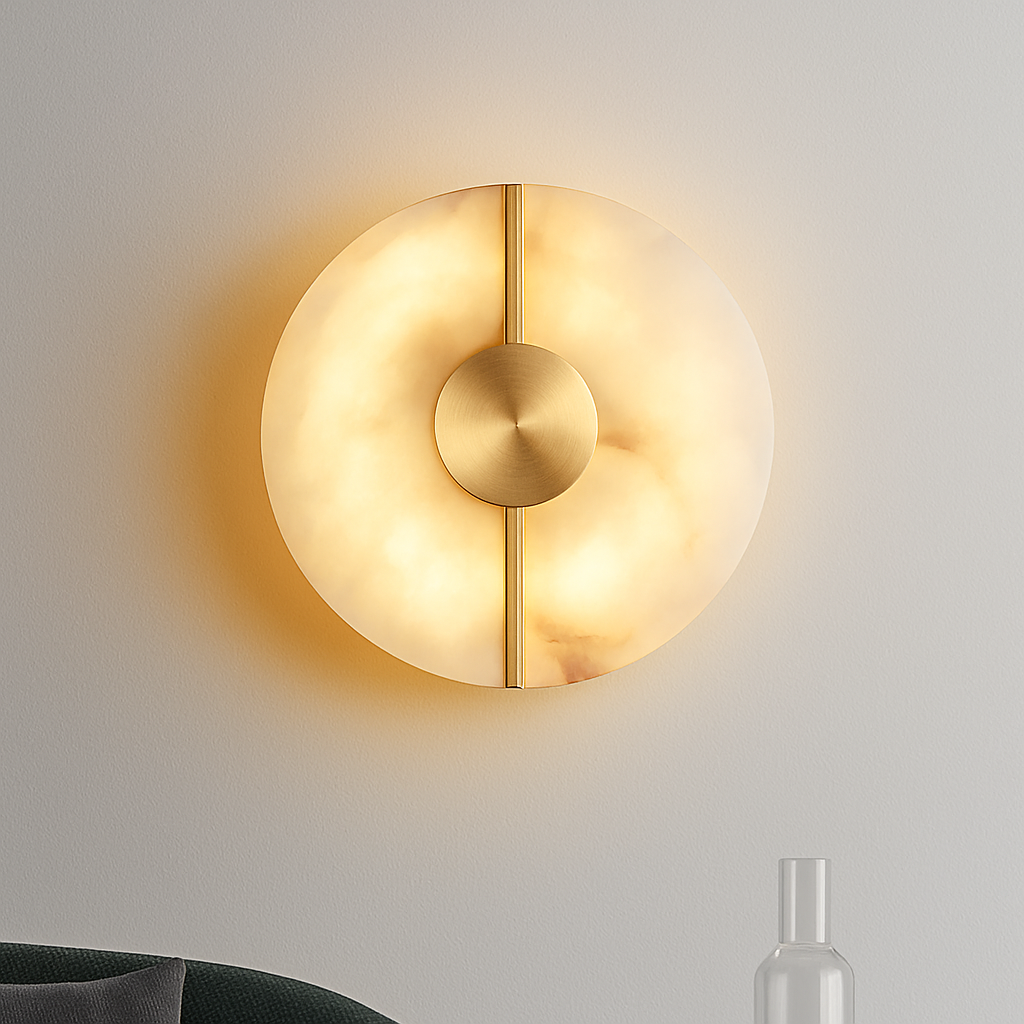 Applique murale LED ronde en marbre et cuivre doré