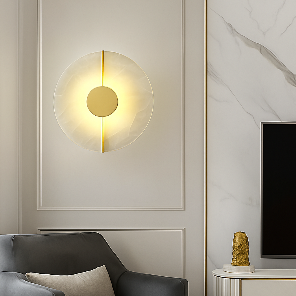 Applique murale LED ronde en marbre et cuivre doré