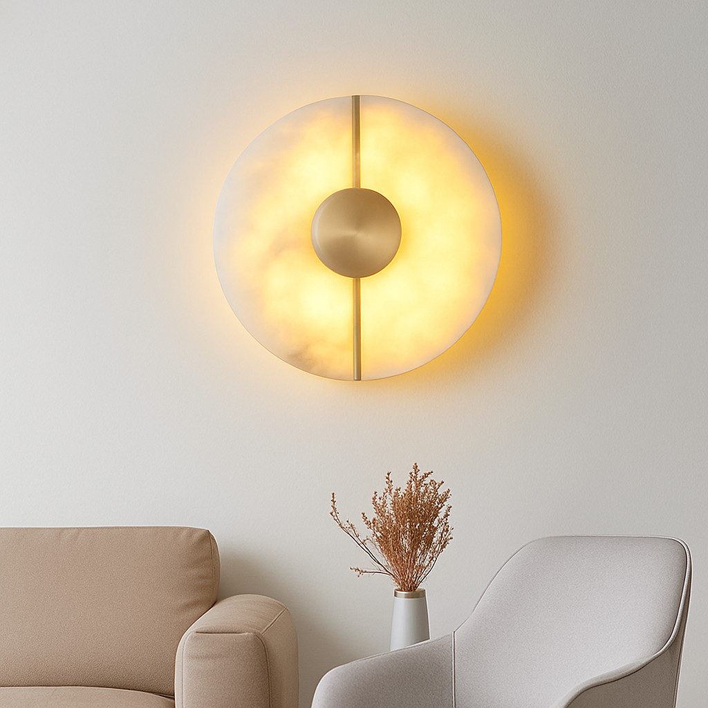 Applique murale LED ronde en marbre et cuivre doré