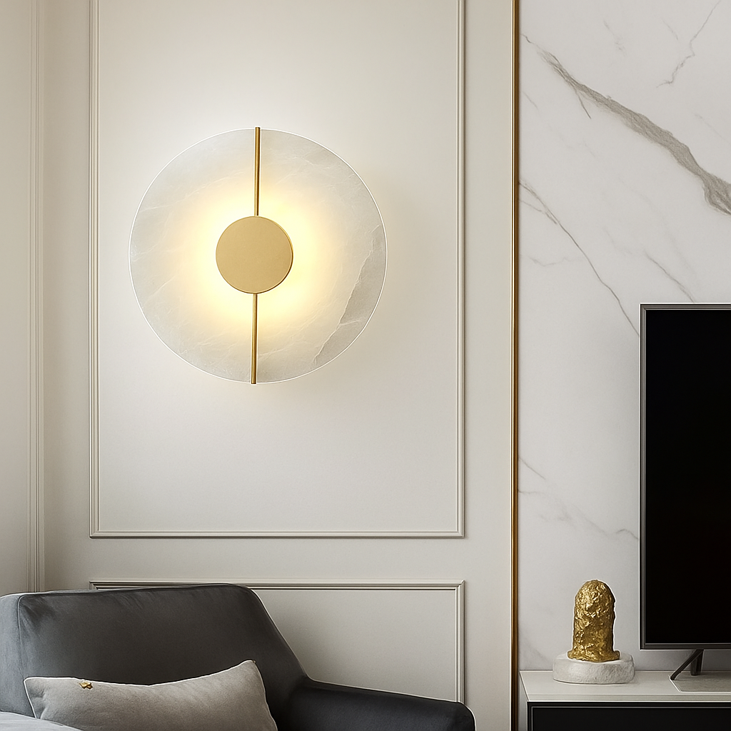 Applique murale LED ronde en marbre et cuivre doré