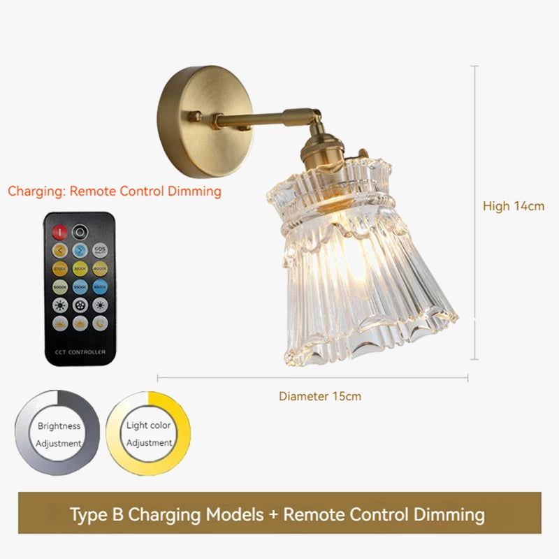 applique murale led scandinave en verre et laiton avec interrupteur à batterie