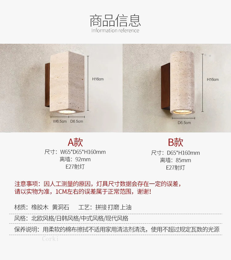 applique murale led wabi sabi en travertin décoratif d'intérieur