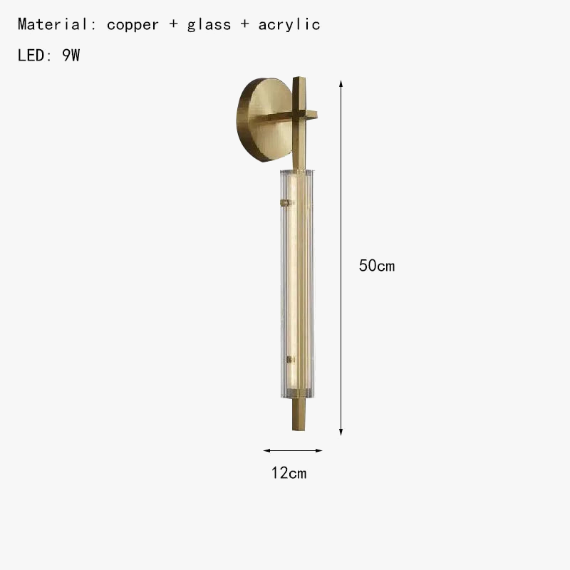 applique murale minimaliste en laiton avec verre transparent et 3 intensités variables