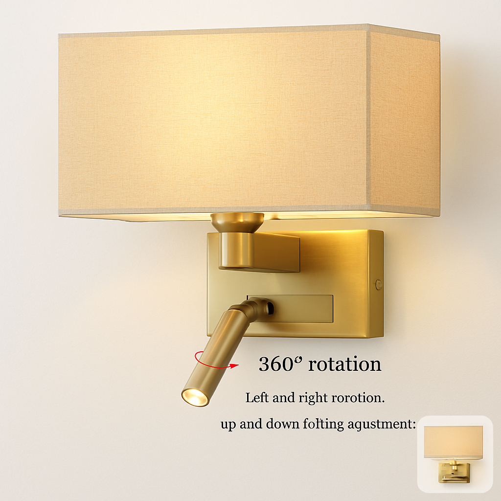 applique murale moderne abat jour tissu avec spot réglable 360 degrés