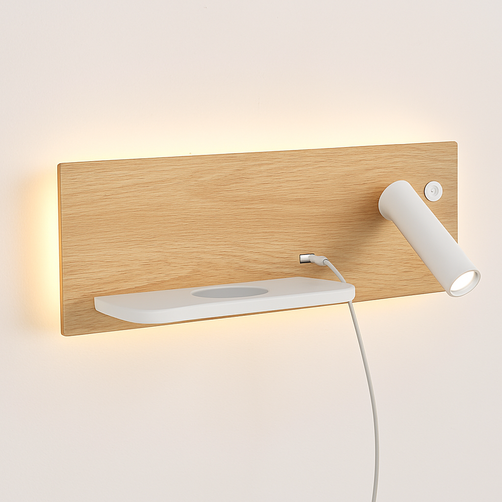 applique murale multifonction avec chargeur sans fil et étagère