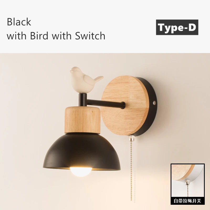 applique murale nordique en bois avec interrupteur décoratif oiseau