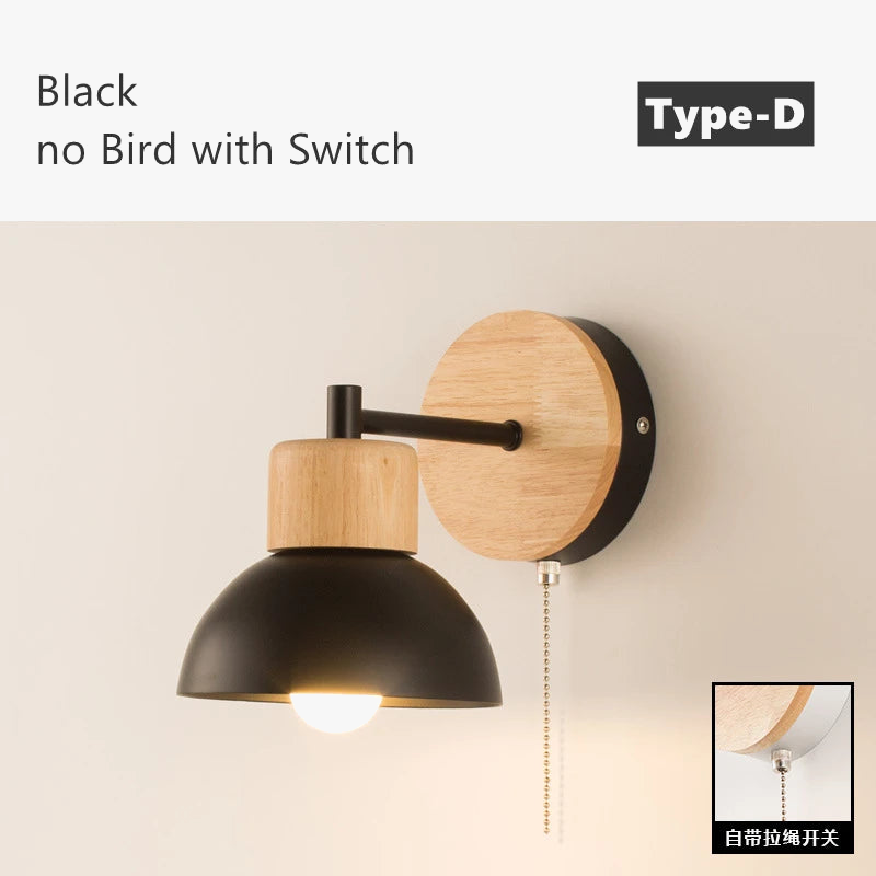 applique murale nordique en bois avec interrupteur décoratif oiseau