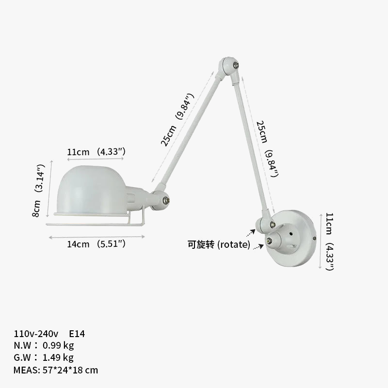 applique murale rétractable bras oscillant avec interrupteur loft