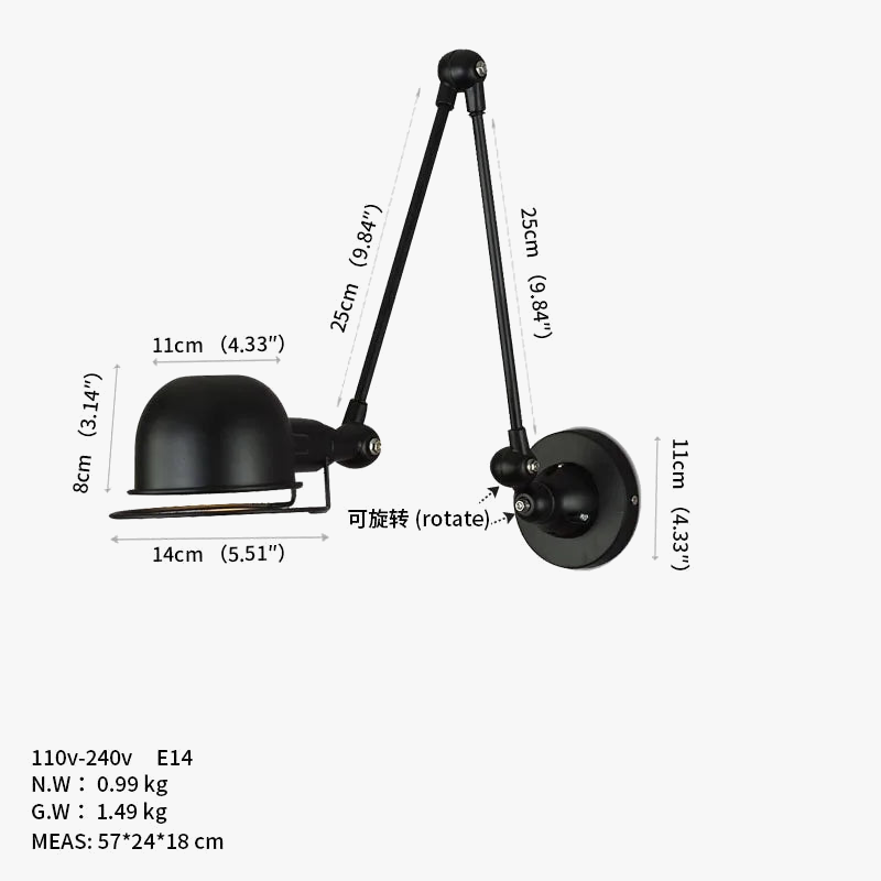 applique murale rétractable bras oscillant avec interrupteur loft