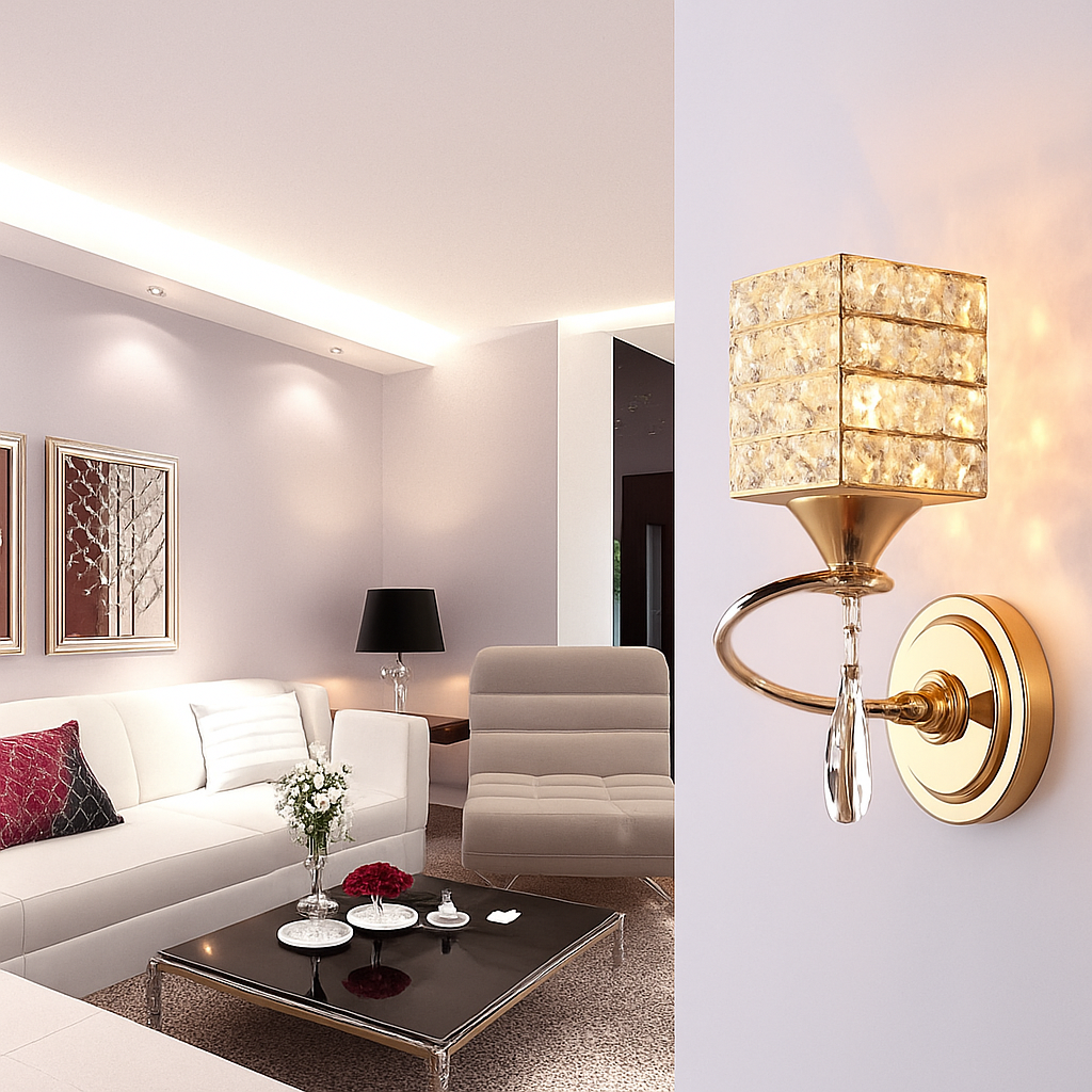 Applique murale rétro à LED en métal avec abat-jour en verre cristal