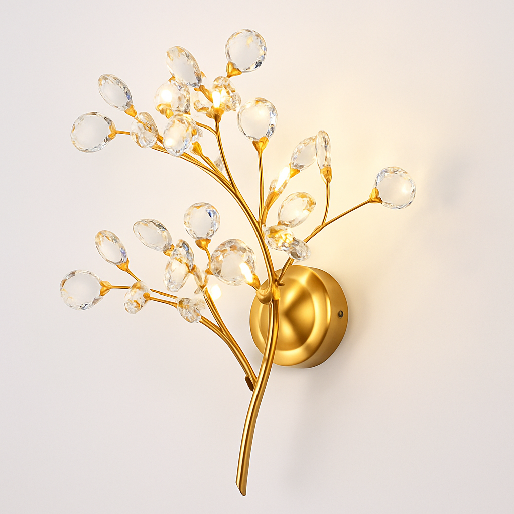 applique murale romantique en cristal transparent avec branches de fleurs