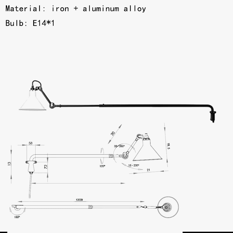 applique murale rotative à bras long pour éclairage intérieur polyvalent