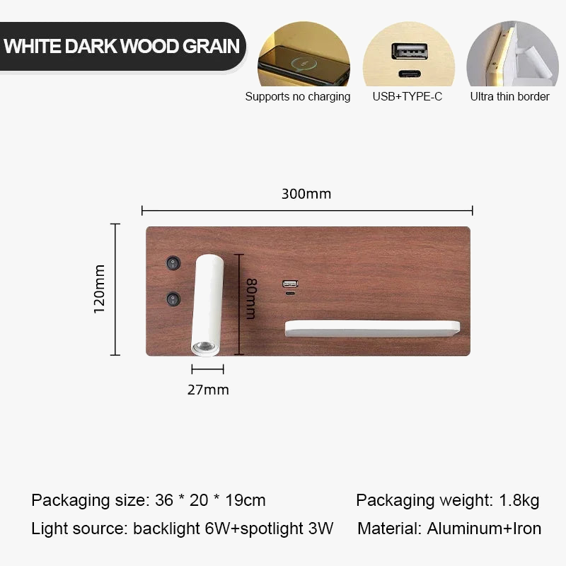 applique murale usb led sans fil luxe multi-fonction avec interrupteur