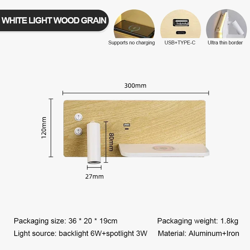 applique murale usb led sans fil luxe multi-fonction avec interrupteur