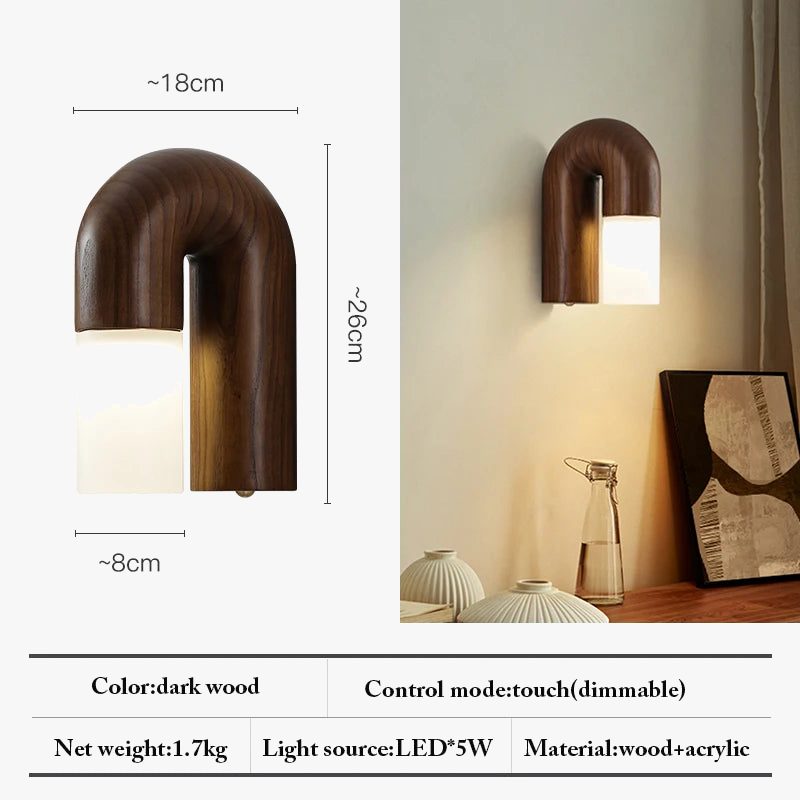 applique murale rétro en bois de frêne et acrylique avec led