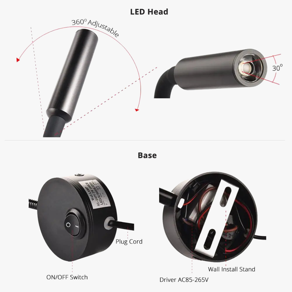 Lampe de Chevet travail étude lampe de lecture appliques 3W LED livre lampe mur veilleuse luminaires Spot LED ue US prise cordon