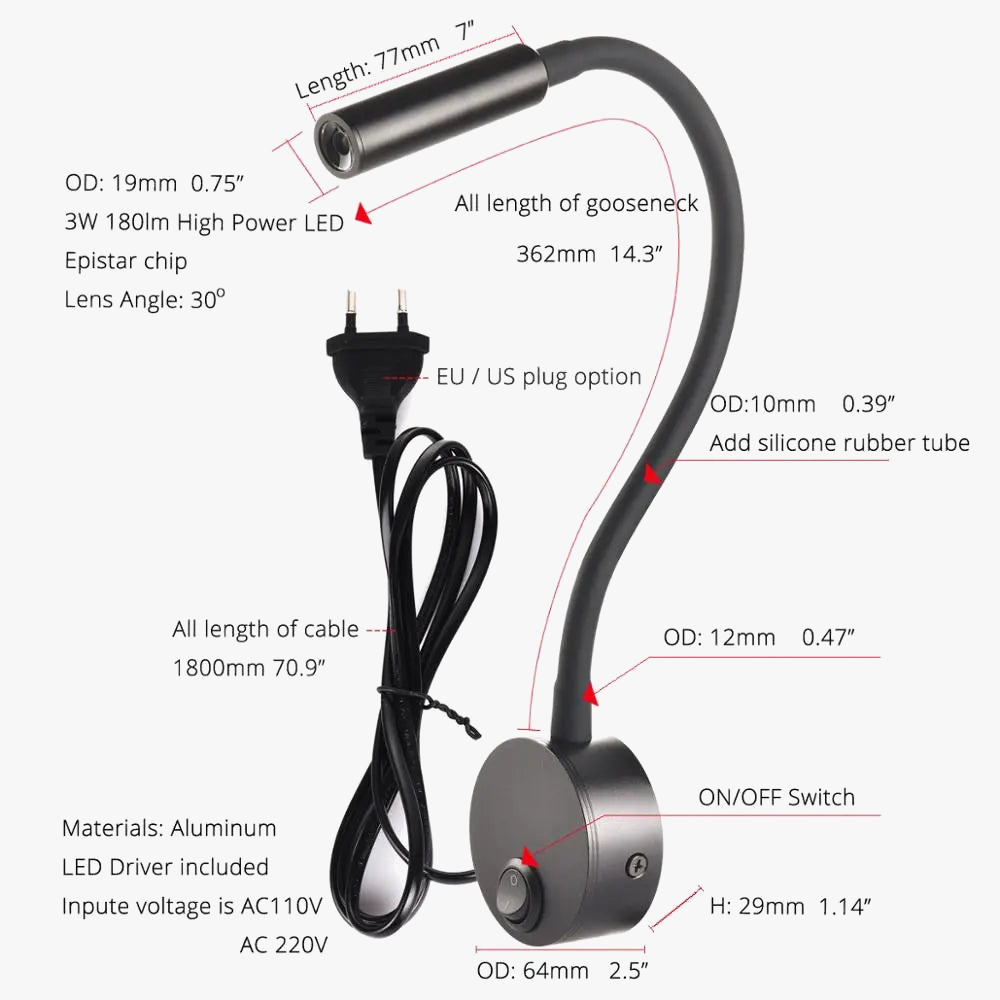 Lampe de Chevet travail étude lampe de lecture appliques 3W LED livre lampe mur veilleuse luminaires Spot LED ue US prise cordon